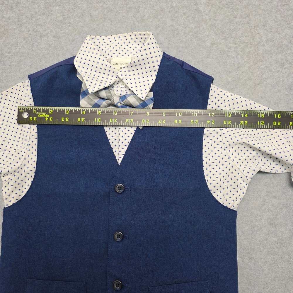 Van Heusen Boy Size 8 3 Piece Dress Set Blue Plaid Bow Tie White Dot Shirt Vest - Picture 10 of 12